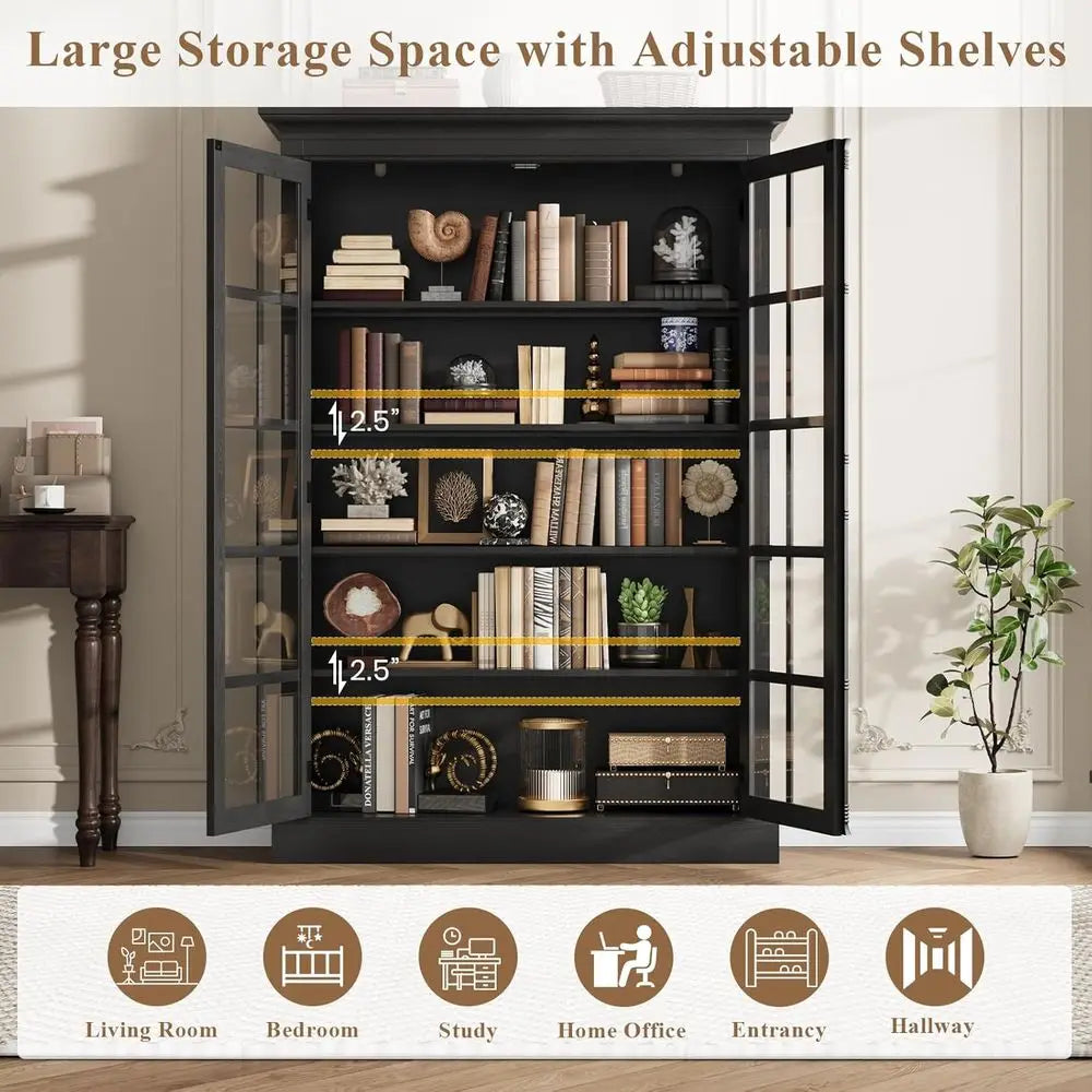 65 Tall Display Cabinet with Adjustable Shelves, 5-Tier Bookcase, Tempered Glass Door, Storage Cabinet for Home and Office, Blac