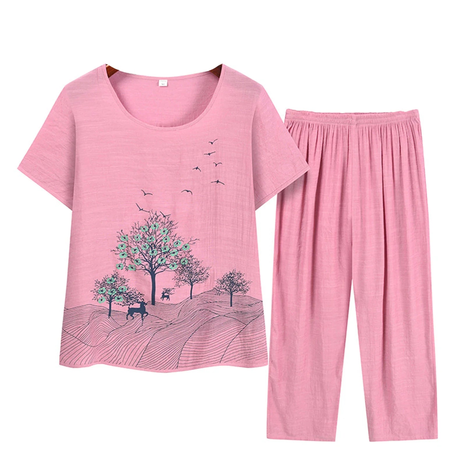 Middle-aged elderly women's short-sleeved t-shirt mother suit loose large size cotton linen two-piece suit 2025 new women set