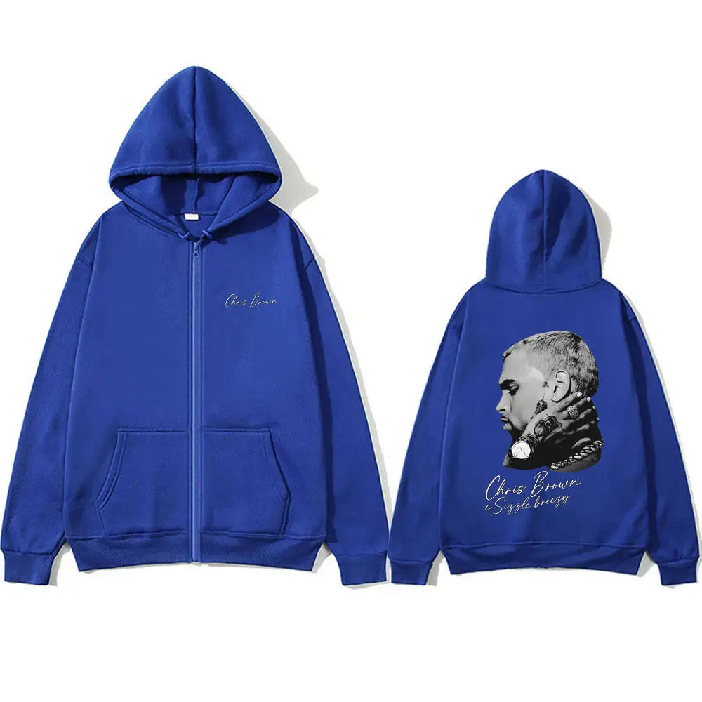Rapper Chris Brown Hip Hop Fashion Zipper Hoodie Breezy Bowl XX Tour 2025 Zip Up Jacket Men Casual Retro Loose Zip Up Sweatshirt