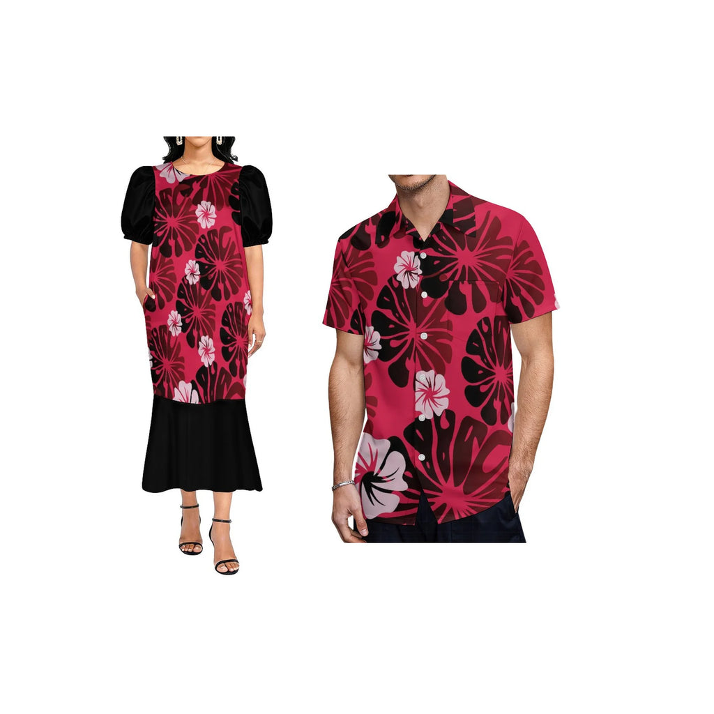 Custom Pacific Isalnd Design Couple Clothing Micronesia Muumuu Dress Women Fishtail Mumu Dress and Hard Collar Men Casual Shirt