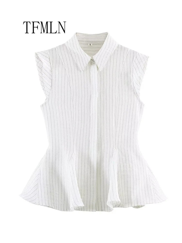 Fashion Striped Blouse Top For Women Summer Summer OL Lapel Sleeveless Single Breasted Shirt Summer Unique Elegant Causal Shirt