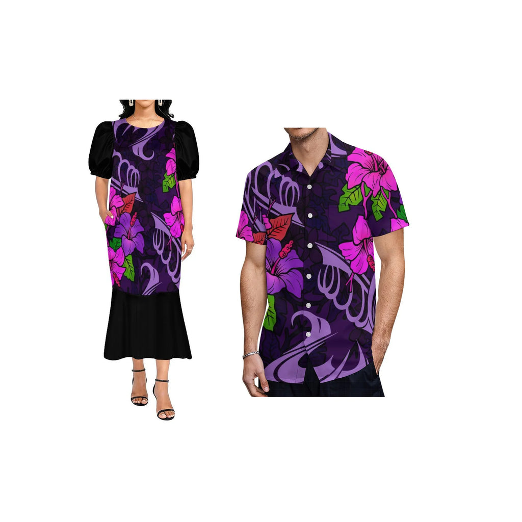 Custom Pacific Isalnd Design Couple Clothing Micronesia Muumuu Dress Women Fishtail Mumu Dress and Hard Collar Men Casual Shirt