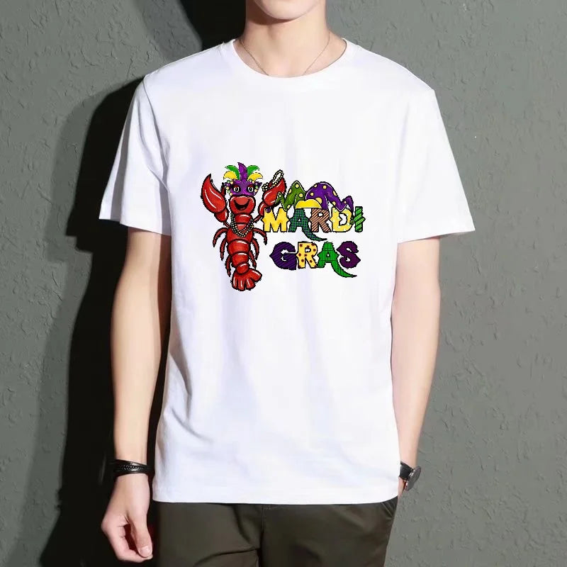 Men's Black Round-Neck Short-Sleeved T-Shirt, Carnival-Themed Printed Top, Casual Loose Fit, Trendy Item for Everyday Wear, Breathable and Comfortable, Polyester Fabric