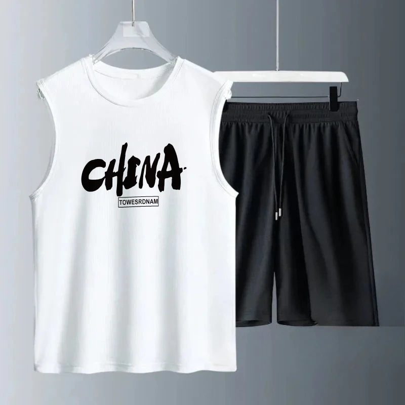 Men's Tank Top Sets 2026 Summer Quick drying seaside oversize outfits two piece Breathable sports  running 2 piece set beach
