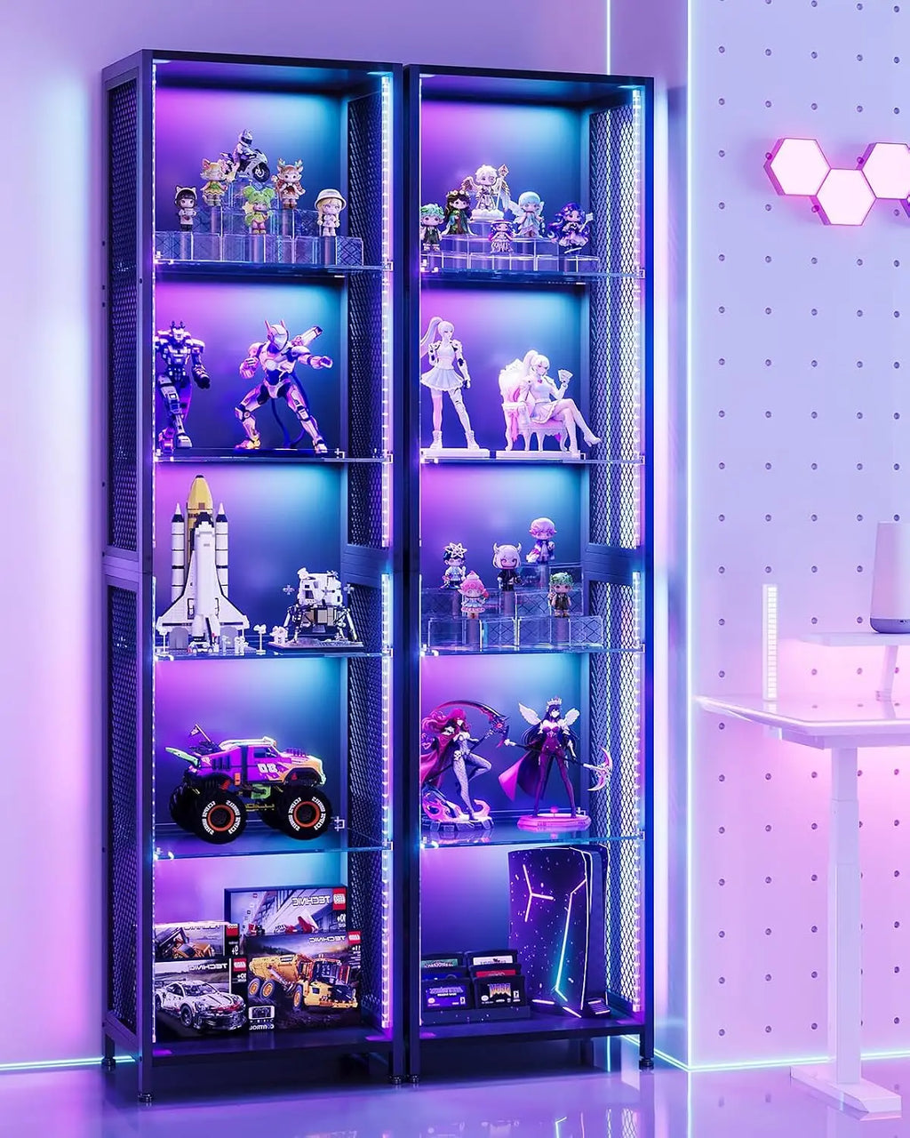 72" Tall Display Case with LED Lights, Corner Display Cabinet with Open Glass Shelves, 5-Tier Display Shelf with, Customized