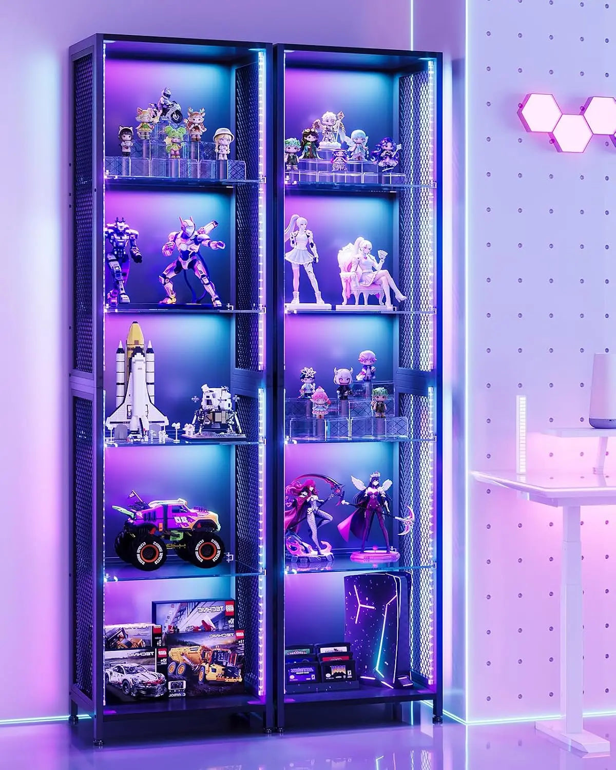 72" Tall Display Case with LED Lights, Corner Display Cabinet with Open Glass Shelves, 5-Tier Display Shelf with, Customized