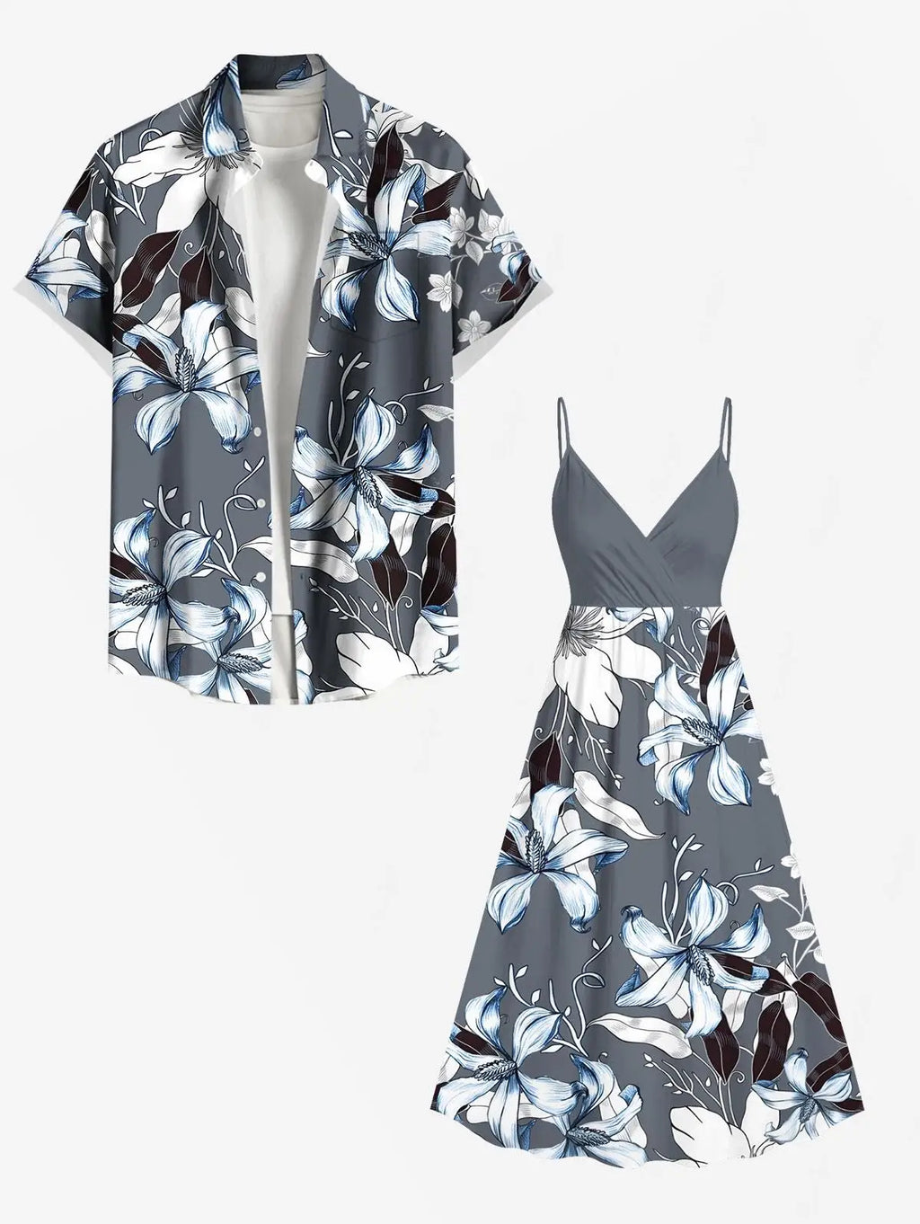Flowers Leaf Printed Plus Size Matching Hawaii Beach Outfit For Couples, 3D Graphic Women's Maxi Cami Dress And Men Shirt