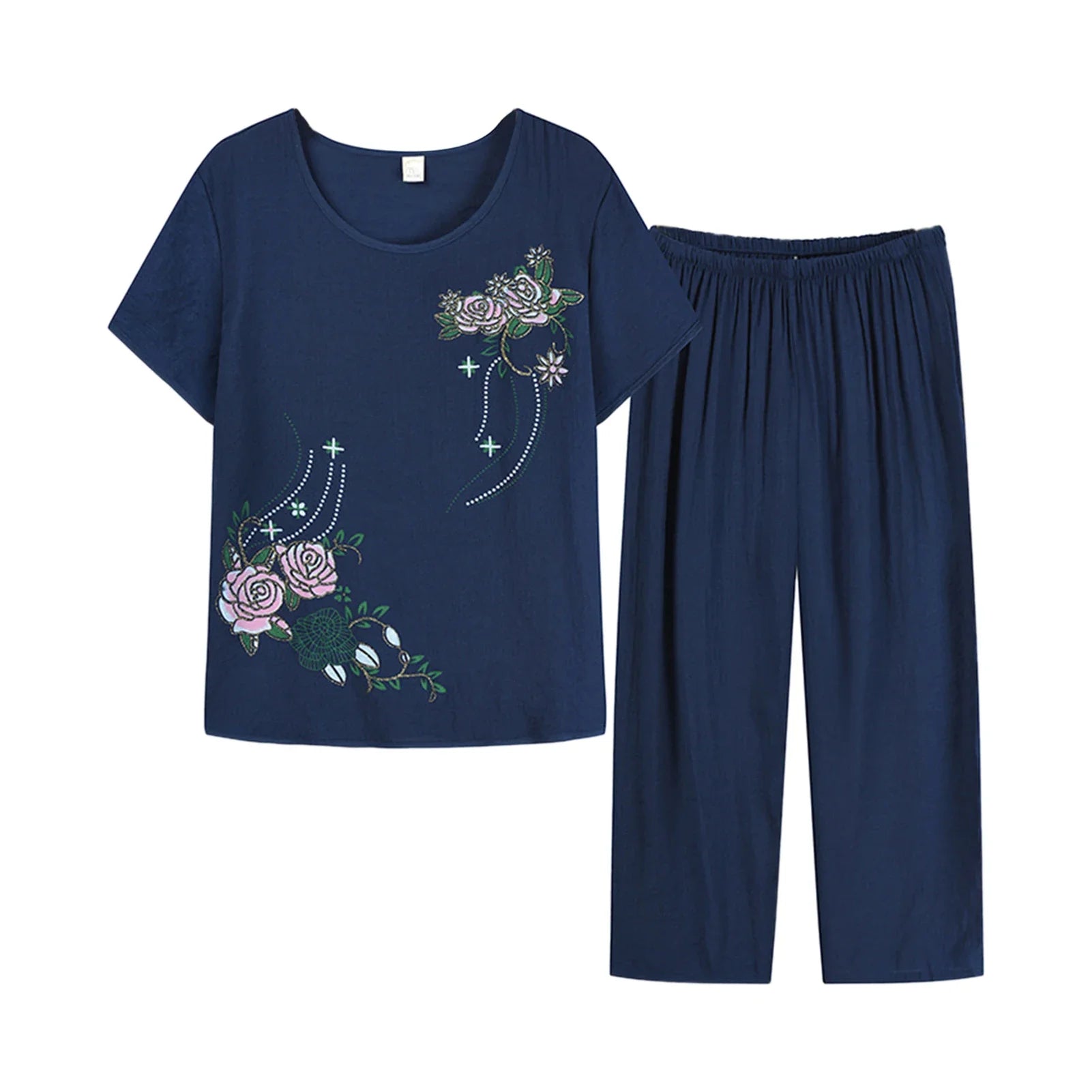 Middle-aged elderly women's short-sleeved t-shirt mother suit loose large size cotton linen two-piece suit 2025 new women set