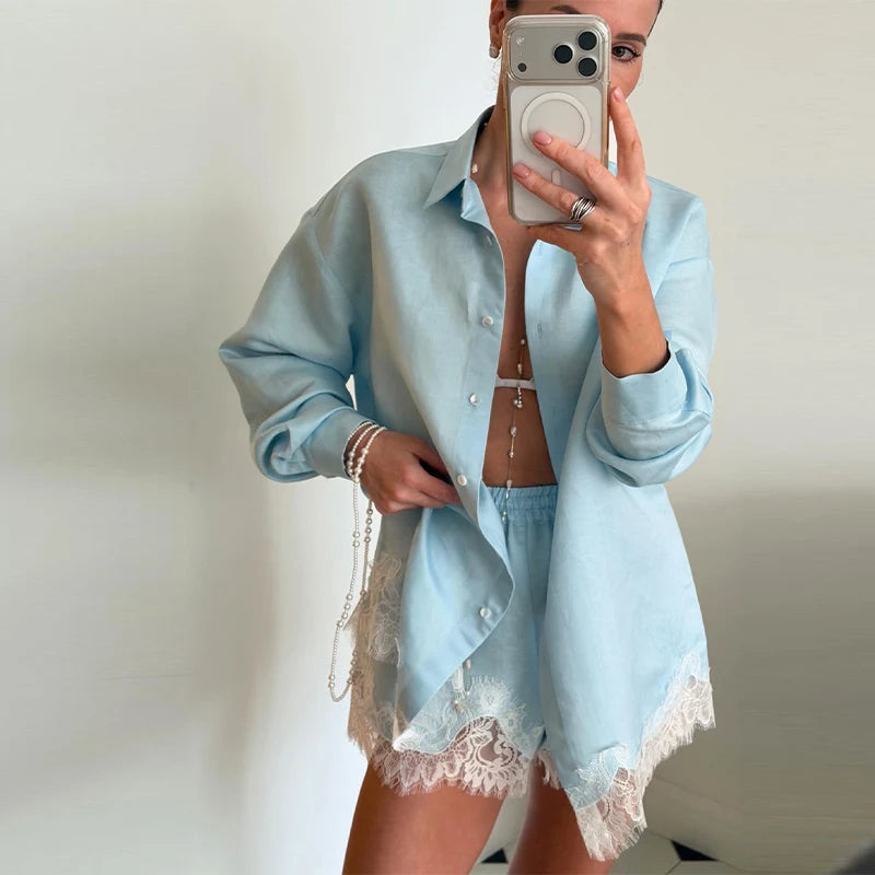 Chic Women Office Shirt Set Casual Lace Patchwork Single Breasted Long Sleeve Lapel Female Blouse Short Pant Summer Streetwear
