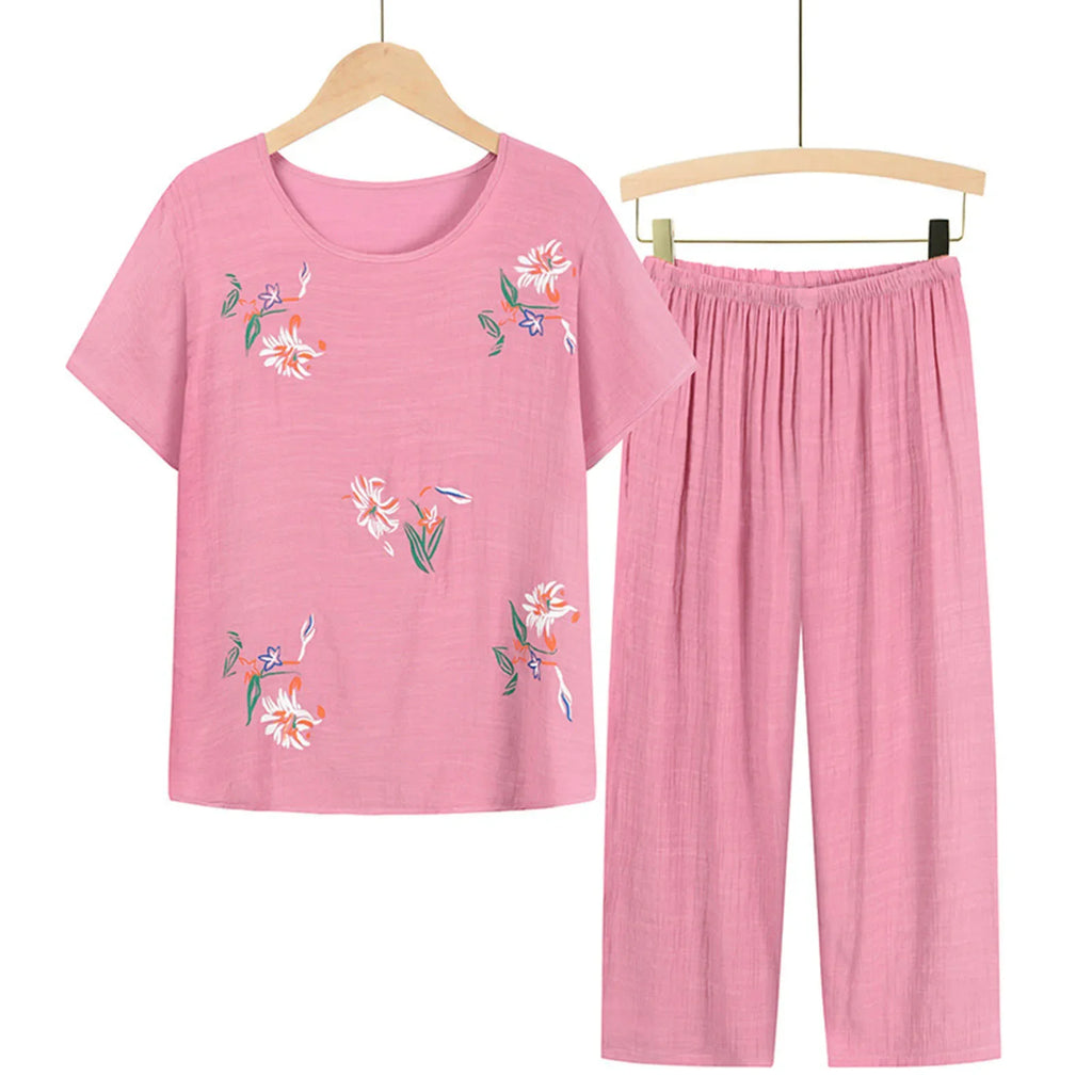 Middle-aged elderly women's short-sleeved t-shirt mother suit loose large size cotton linen two-piece suit 2025 new women set