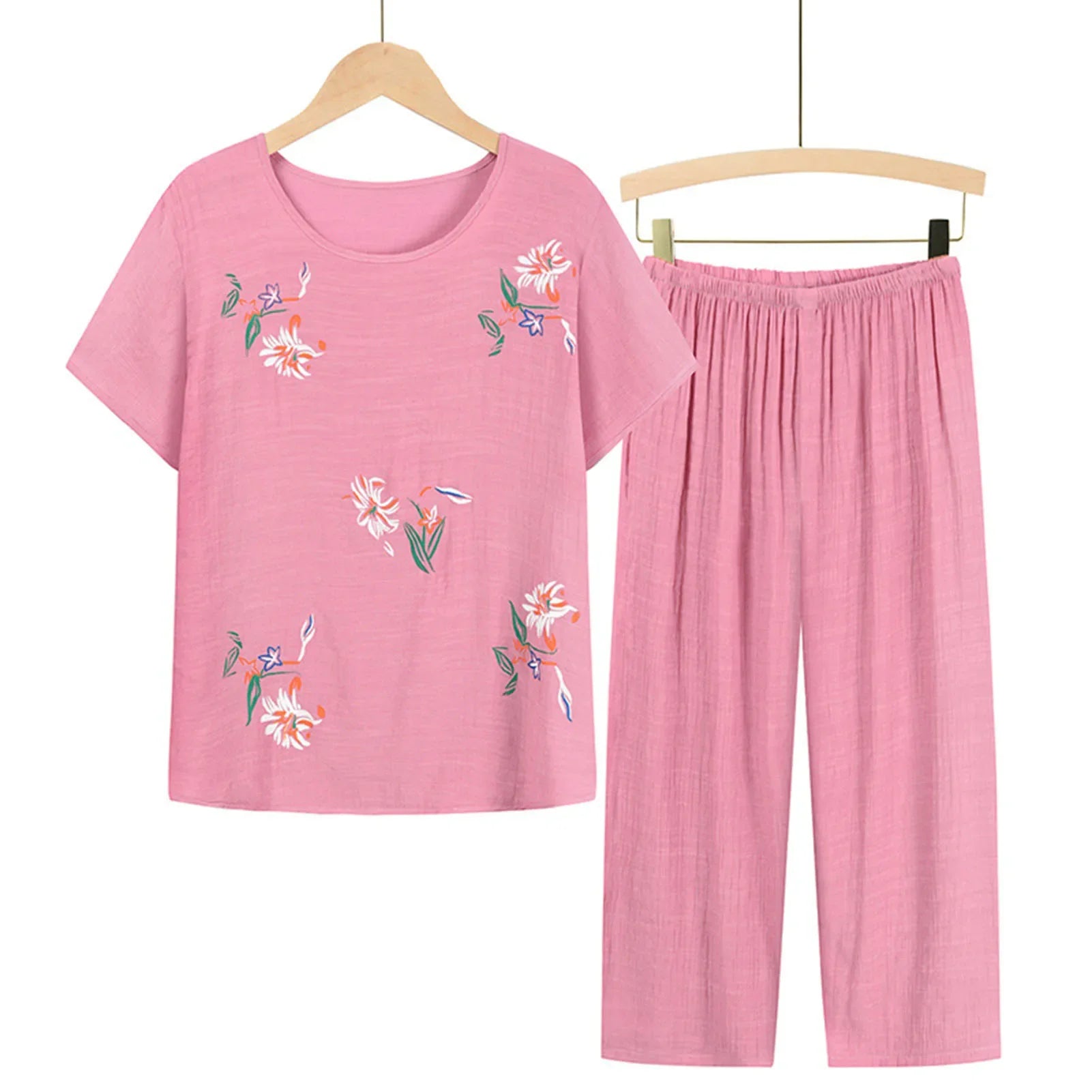 Middle-aged elderly women's short-sleeved t-shirt mother suit loose large size cotton linen two-piece suit 2025 new women set