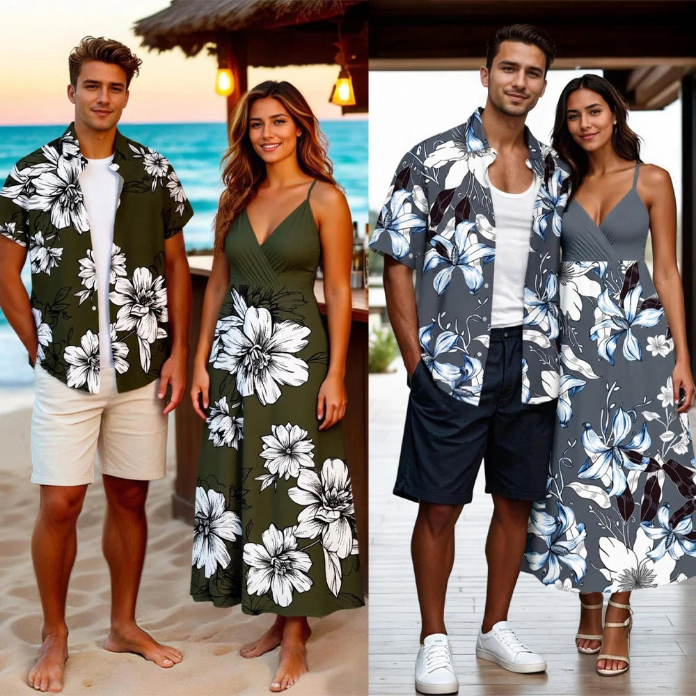 Flowers Leaf Printed Plus Size Matching Hawaii Beach Outfit For Couples, 3D Graphic Women's Maxi Cami Dress And Men Shirt