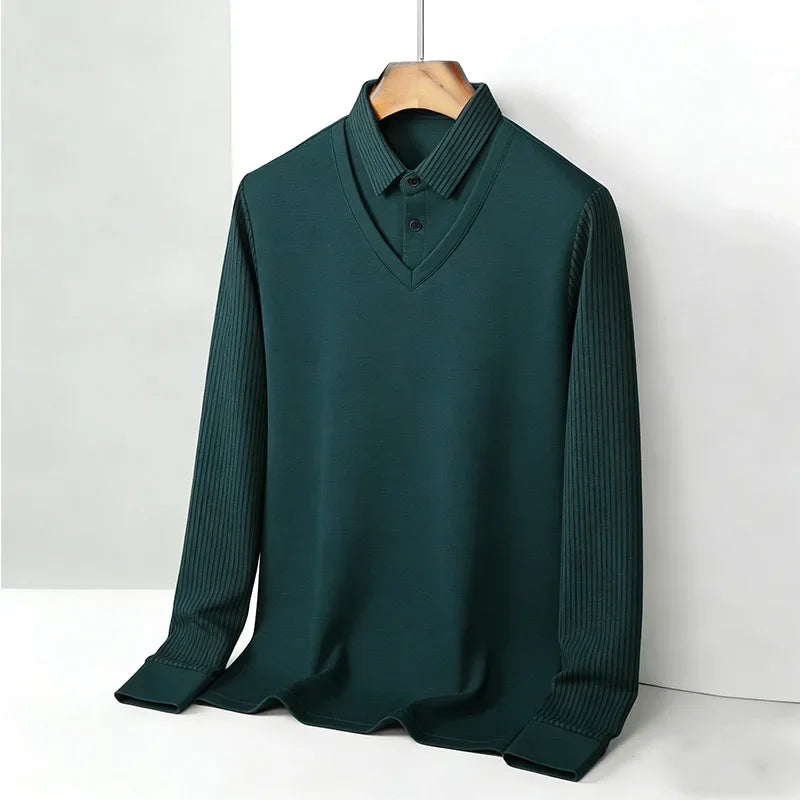 Men's Fake Two Piece Shirt Collar V Neck Long Sleeve Top Khaki Striped Casual Fashion Soft Fabric Daily Wear Blouse