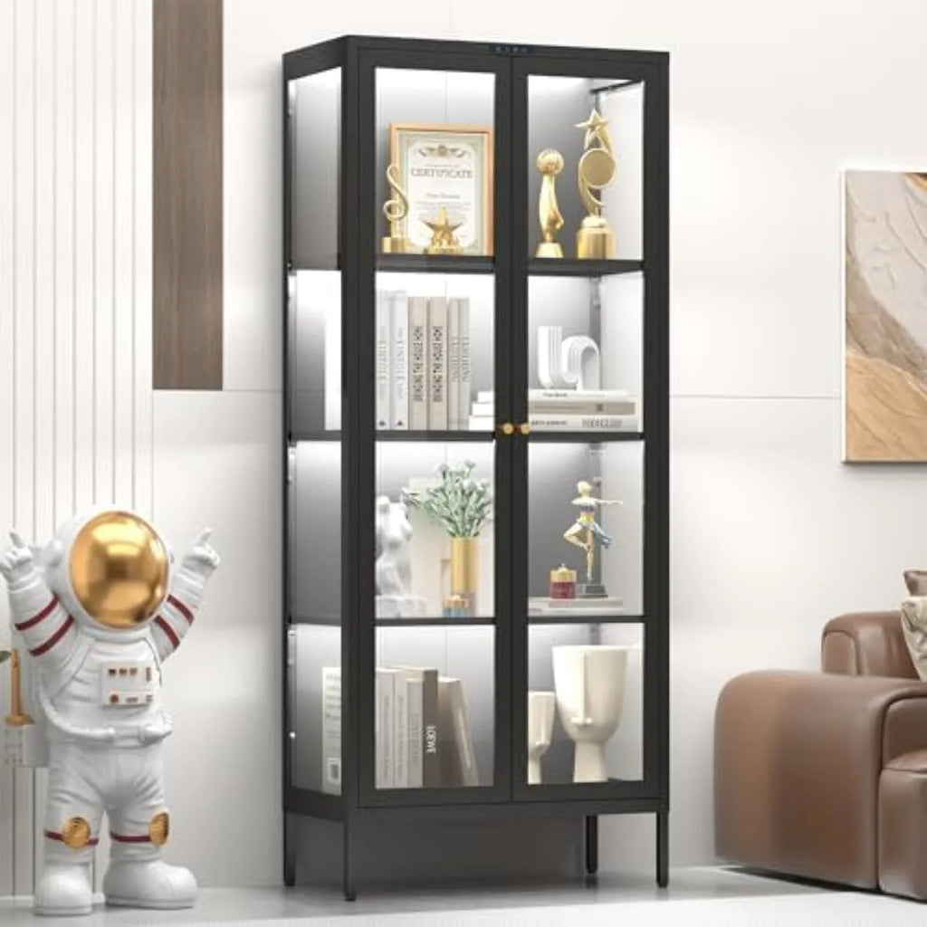 Display Cabinet with Glass Doors, Glass Display Cabinet with 8 Color LED Lights, Curio Display Cabinet with 3 Shelves