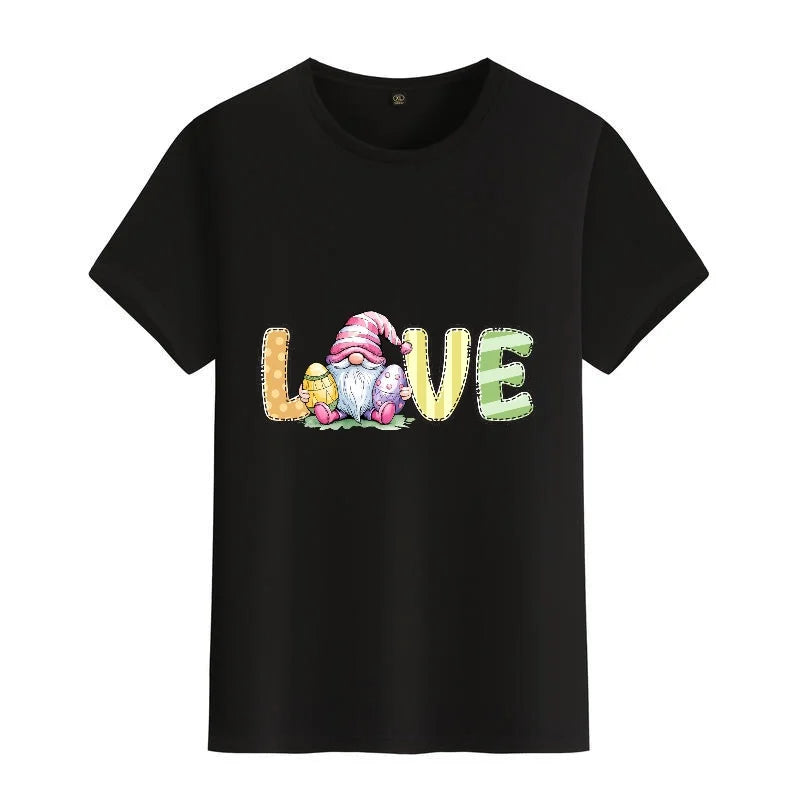 Men's Black Round-Neck Short-Sleeved T-Shirt Love Letter Print Top, Casual Everyday Versatile Street Style, Comfortable and Breathable Polyester Fabric