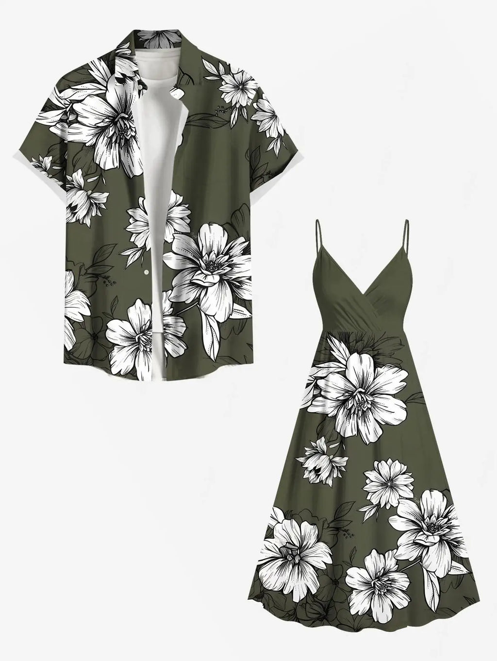 Flowers Leaf Printed Plus Size Matching Hawaii Beach Outfit For Couples, 3D Graphic Women's Maxi Cami Dress And Men Shirt