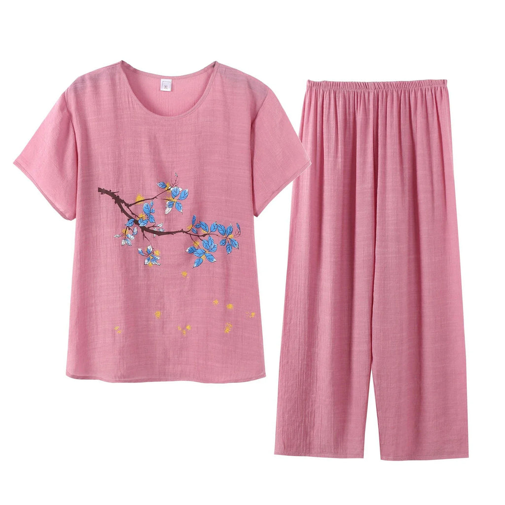 Middle-aged elderly women's short-sleeved t-shirt mother suit loose large size cotton linen two-piece suit 2025 new women set