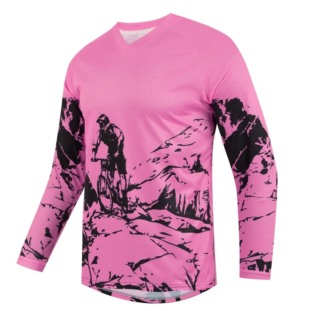 Men's Outdoor Mountain Bike Print Long-Sleeve Sports T-Shirt Breathable V-Neck for Cycling Fitness Daily Wear