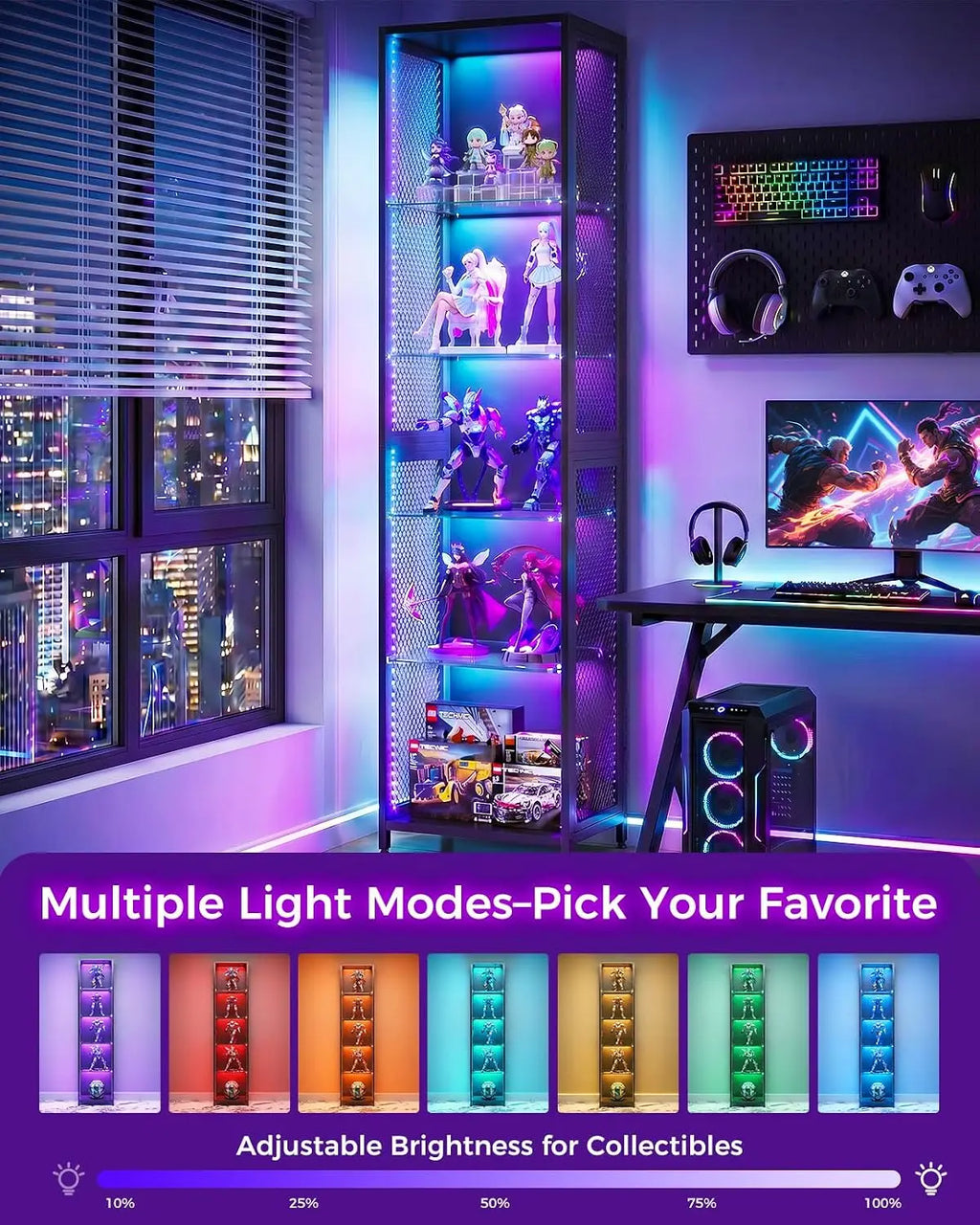 72" Tall Display Case with LED Lights, Corner Display Cabinet with Open Glass Shelves, 5-Tier Display Shelf with, Customized
