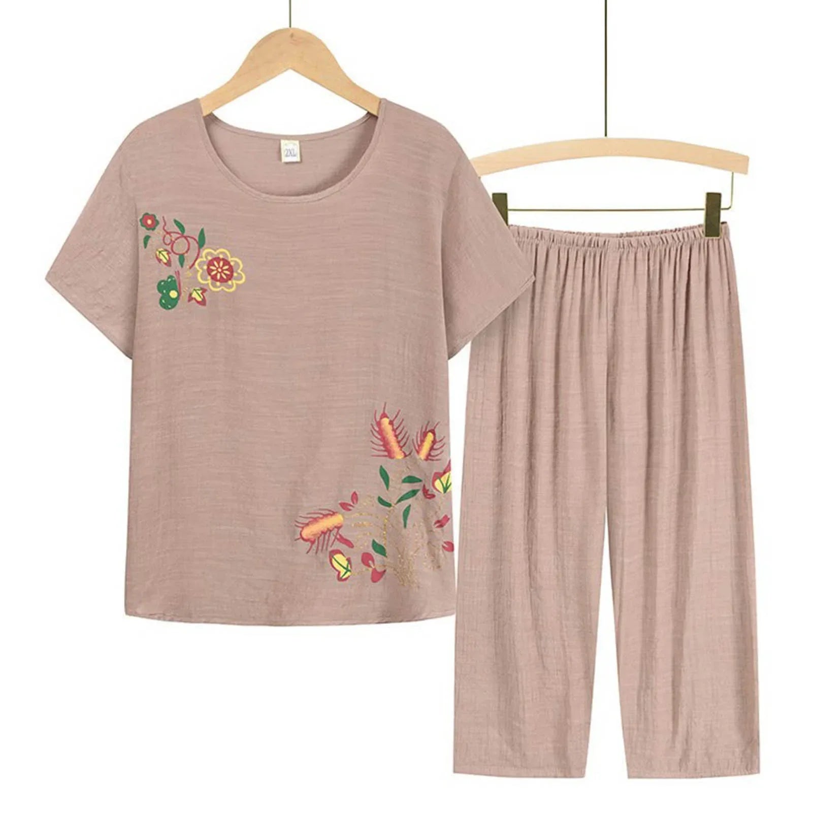 Middle-aged elderly women's short-sleeved t-shirt mother suit loose large size cotton linen two-piece suit 2025 new women set
