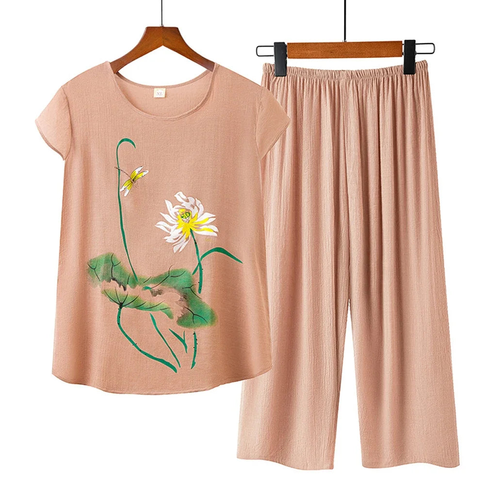 Middle-aged elderly women's short-sleeved t-shirt mother suit loose large size cotton linen two-piece suit 2025 new women set