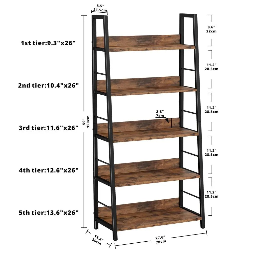 Industrial Bookshelves and Bookcases, Ladder Shelf 5 Tiers with Metal Frame for Living Room, Home Office, Rustics Brown
