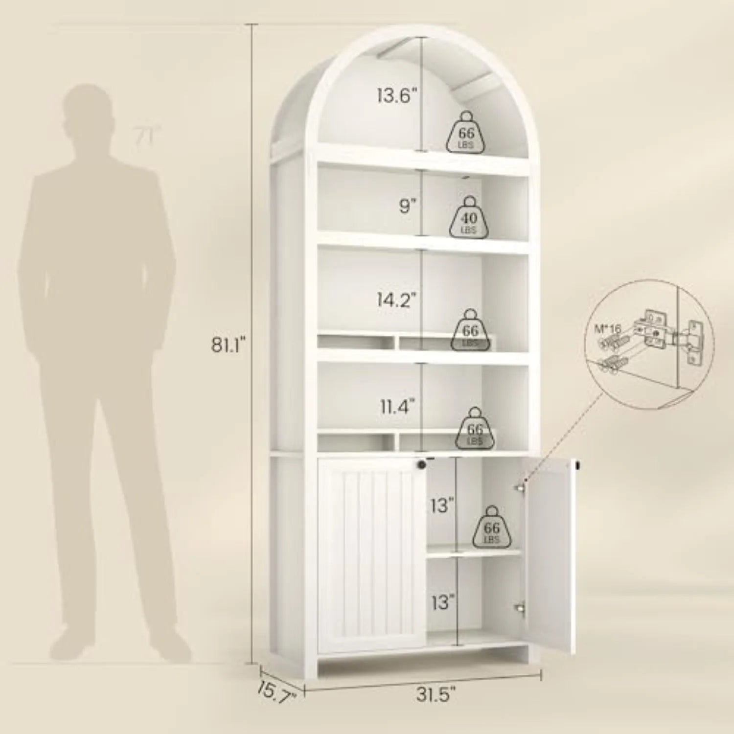 81" Tall Arched Cabinets,Bookcase with storage,Mid-Century Modern 6-Tier Bookshelf with Door,2 Book Risers and