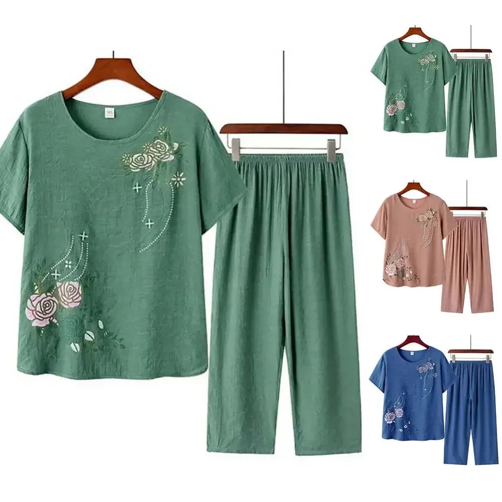 Middle-aged elderly women's short-sleeved t-shirt mother suit loose large size cotton linen two-piece suit 2025 new women set
