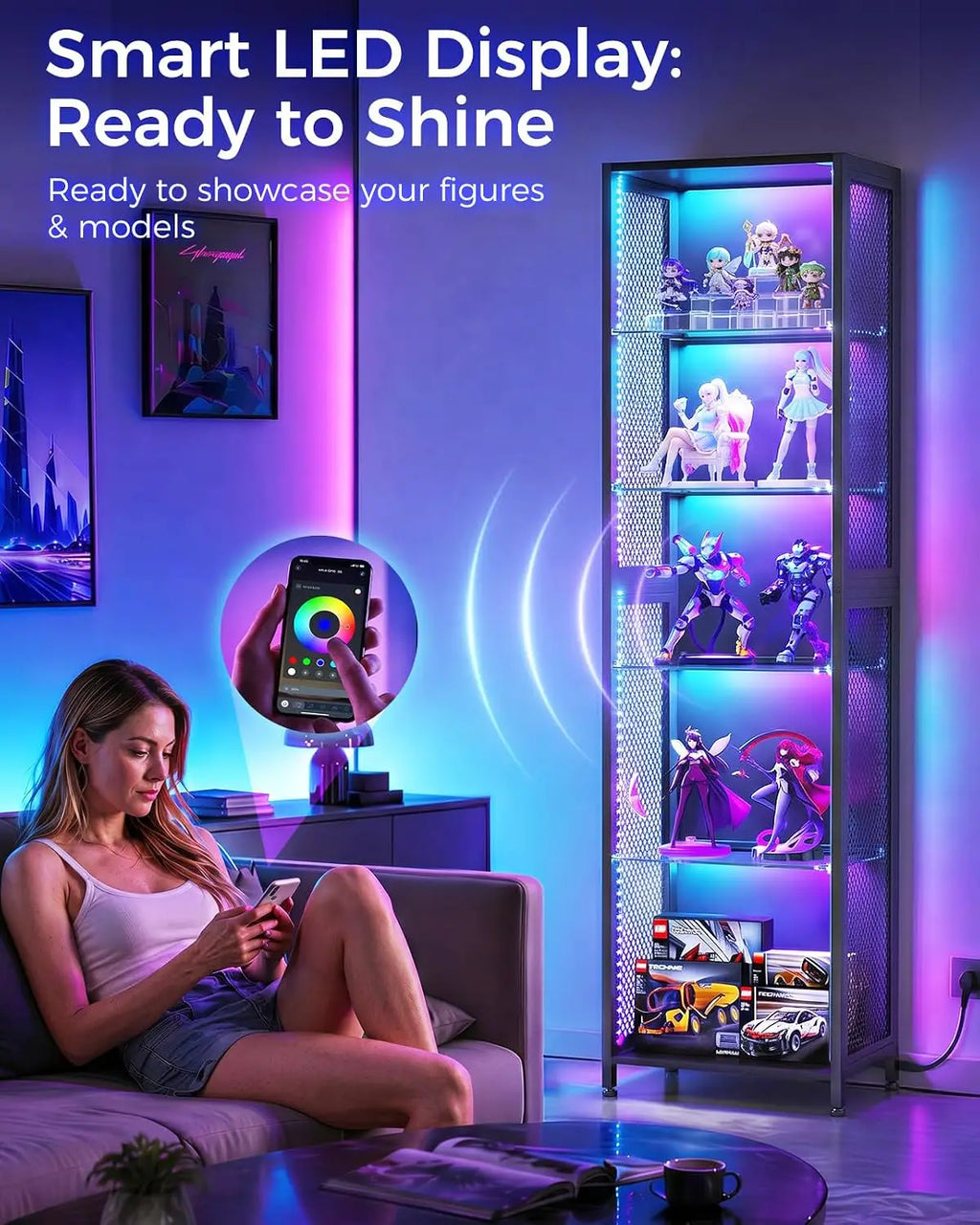 72" Tall Display Case with LED Lights, Corner Display Cabinet with Open Glass Shelves, 5-Tier Display Shelf with, Customized