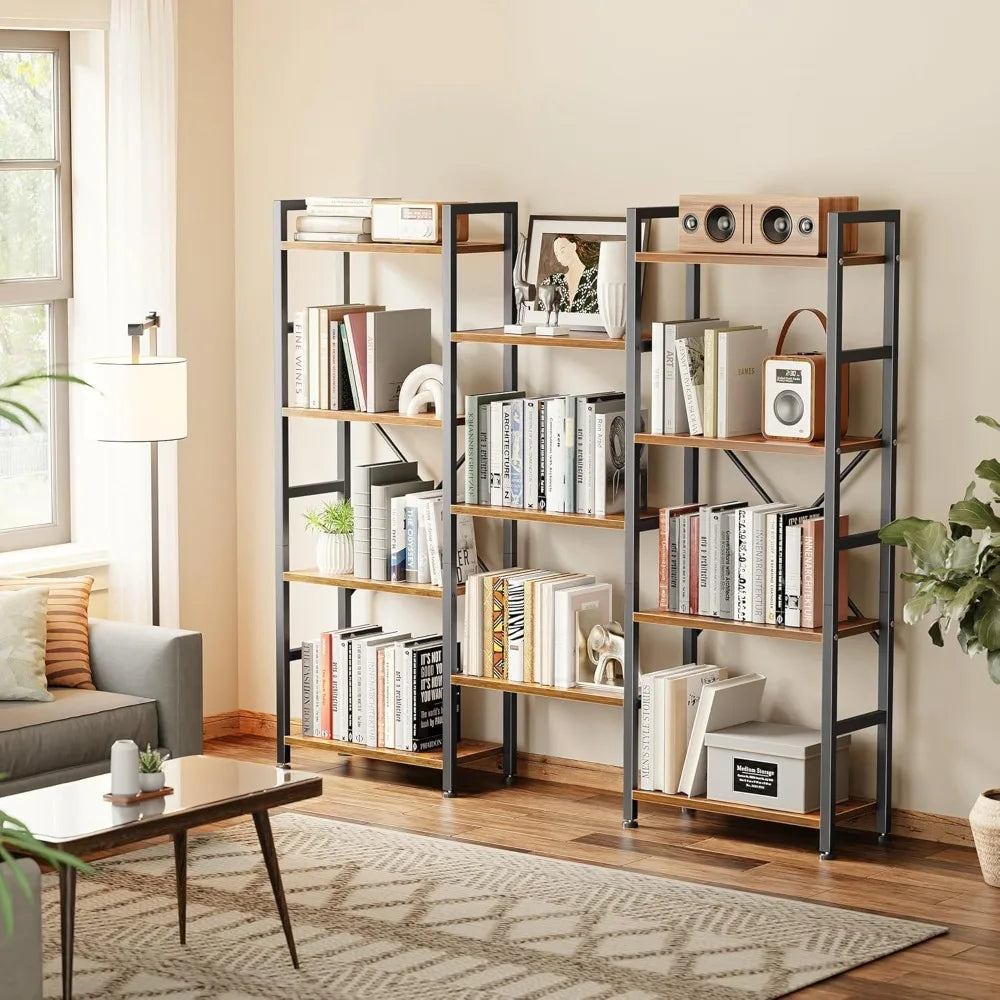 Triple Bookshelf with 11 Open Shelves, 4-Tier Wide Bookcase for Home & Office, Brown