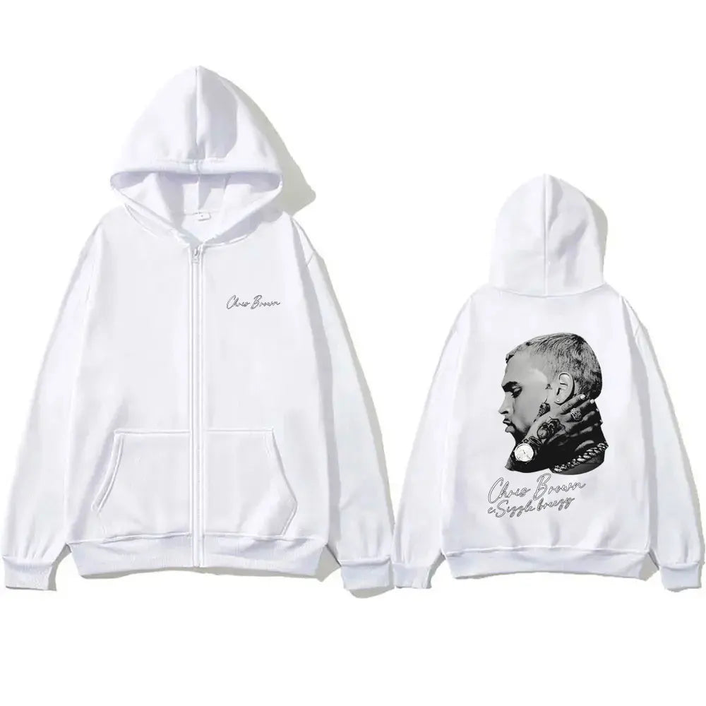 Rapper Chris Brown Hip Hop Fashion Zipper Hoodie Breezy Bowl XX Tour 2025 Zip Up Jacket Men Casual Retro Loose Zip Up Sweatshirt