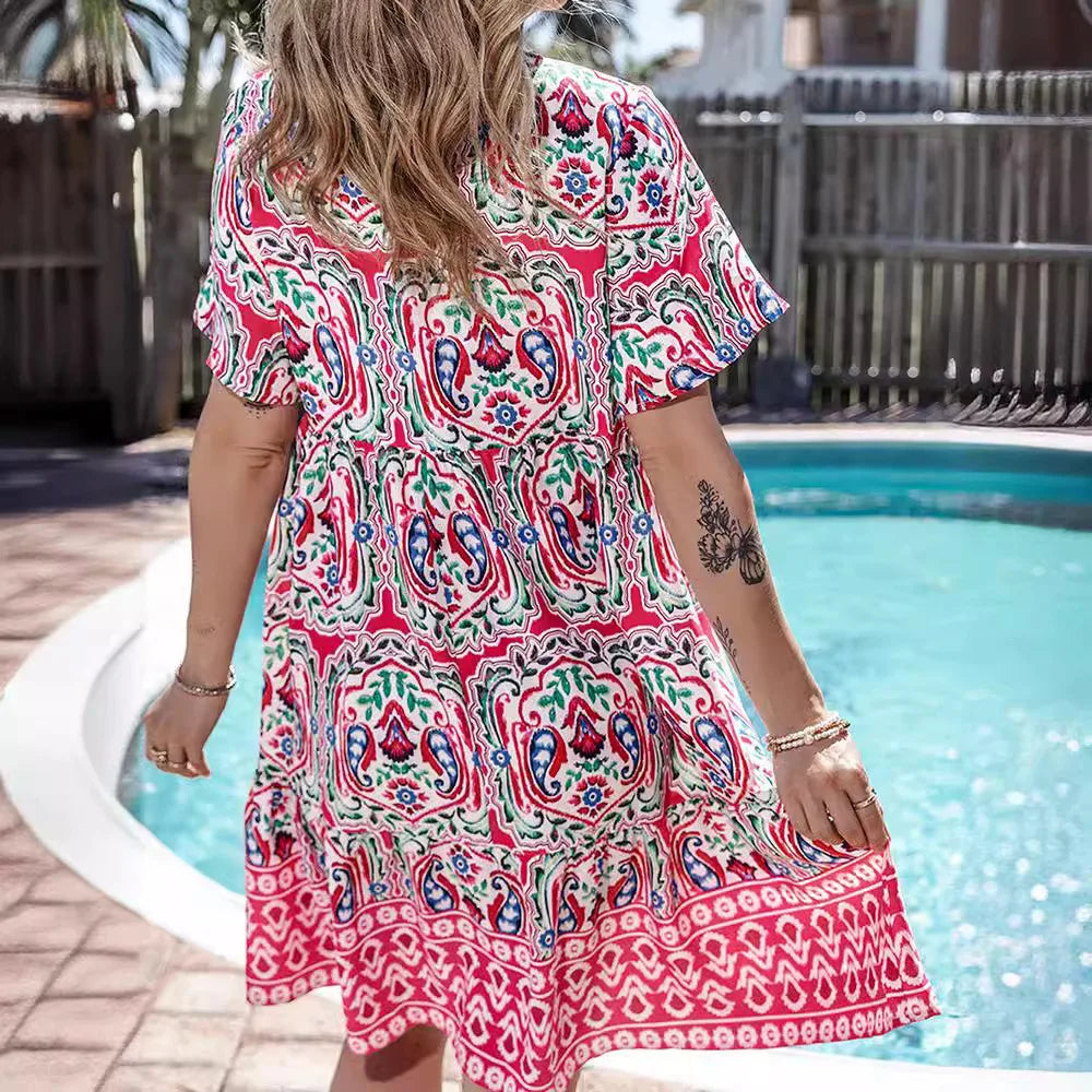 2026 Women's Clothing Floral Short Sleeve Loose Sexy Spring Summer Bohemian Casual Dress