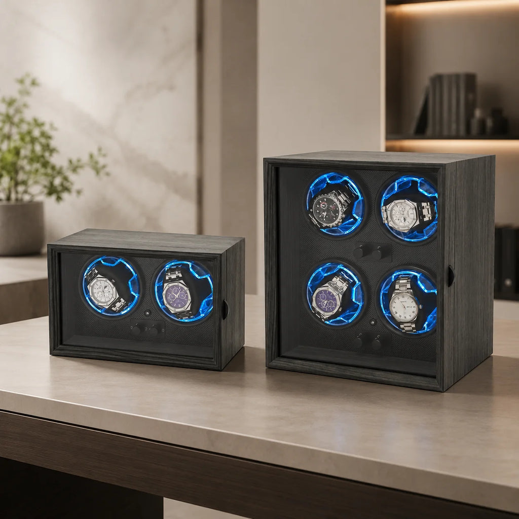Watch Display Luxury Black Walnut Grain 2 4 Slot Rotating Stop Open Function Watch Winder Storage Box With Active Muting