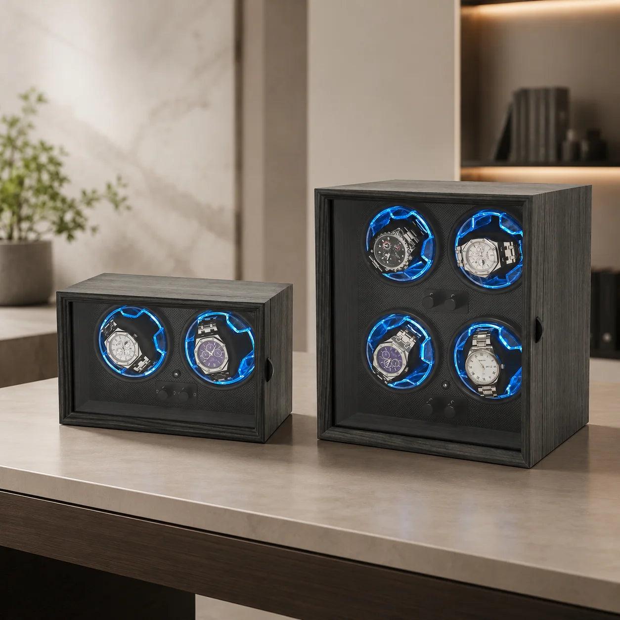 Watch Display Luxury Black Walnut Grain 2 4 Slot Rotating Stop Open Function Watch Winder Storage Box With Active Muting