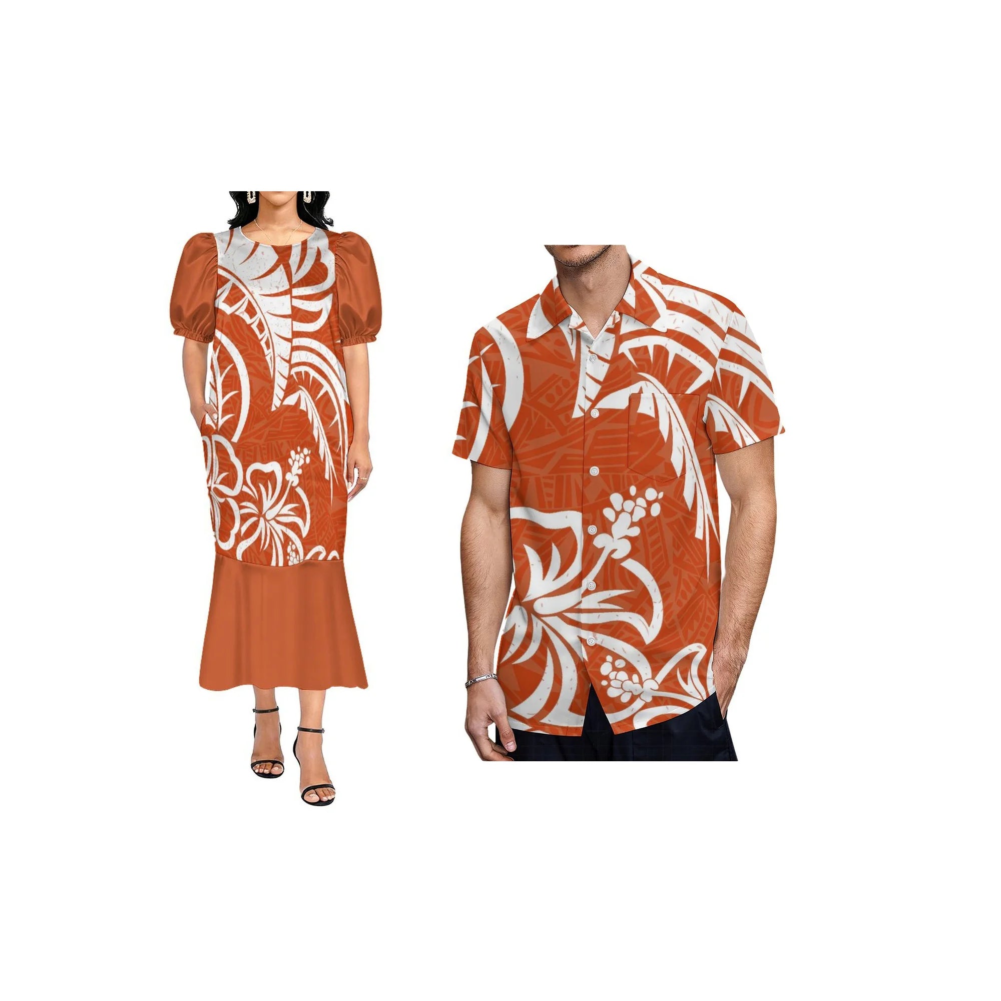 Custom Pacific Isalnd Design Couple Clothing Micronesia Muumuu Dress Women Fishtail Mumu Dress and Hard Collar Men Casual Shirt