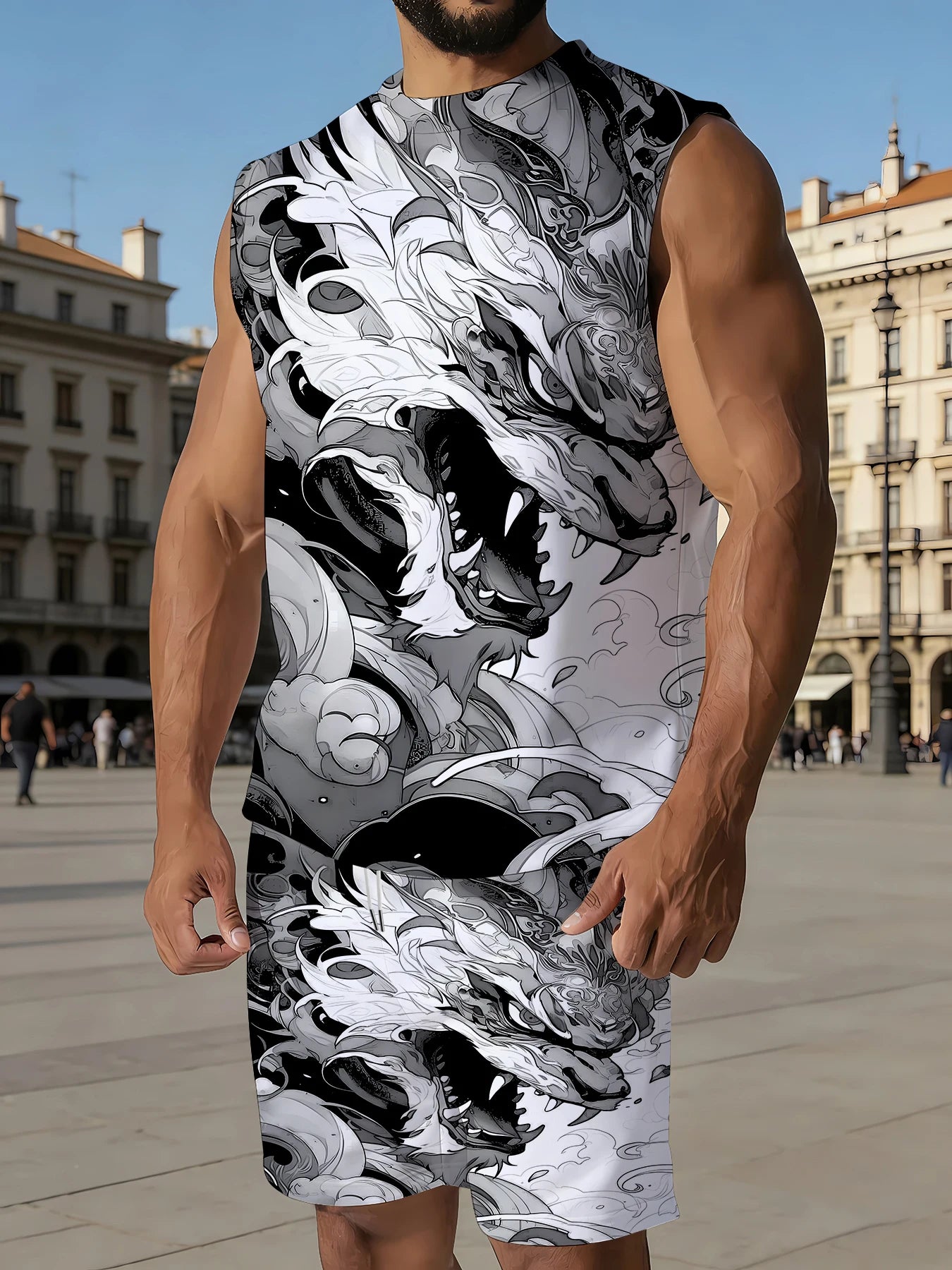 Men's Hawaiian Print Tank Top and Shorts Set Vibrant Polyester Summer Beach Suit Standard Size