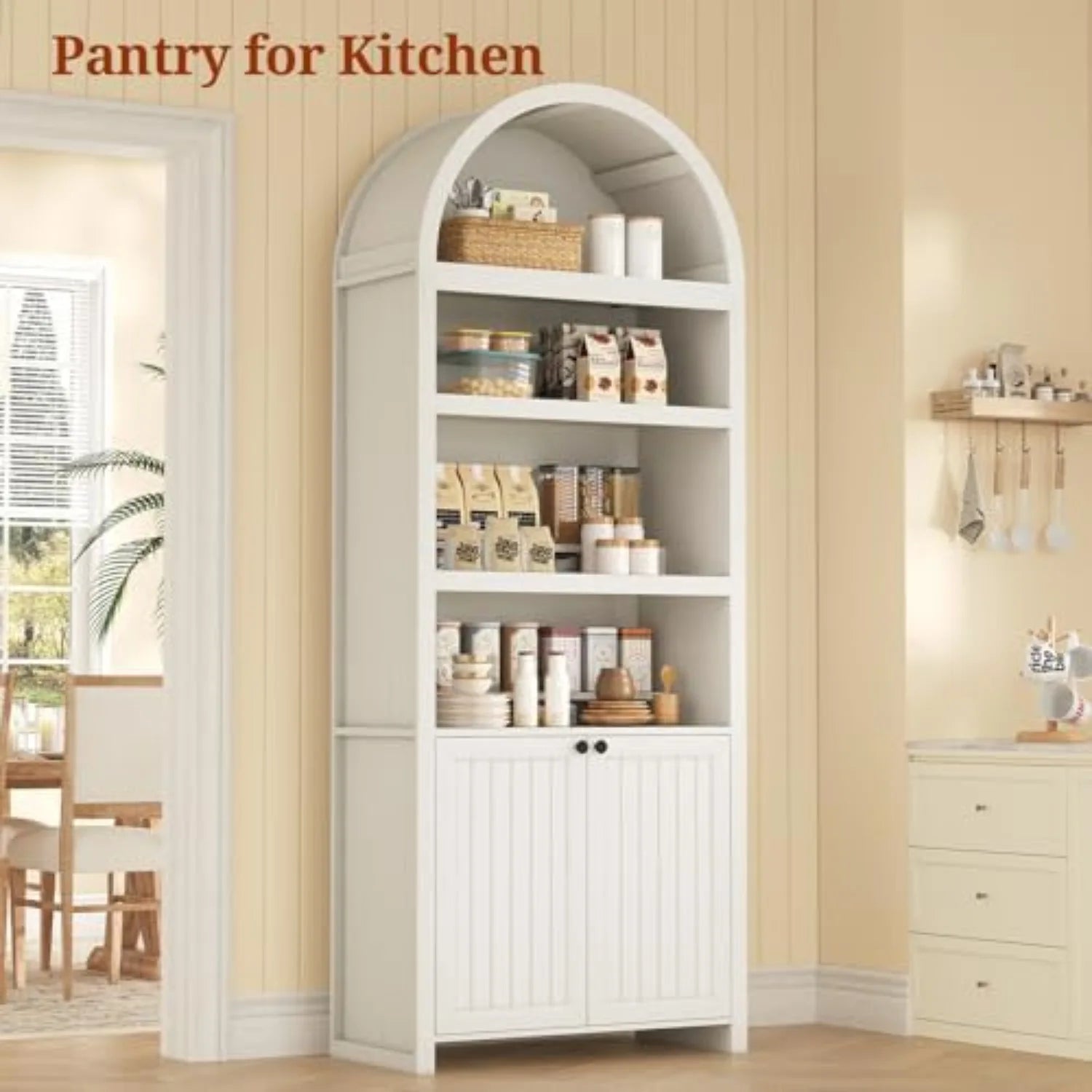 81" Tall Arched Cabinets,Bookcase with storage,Mid-Century Modern 6-Tier Bookshelf with Door,2 Book Risers and