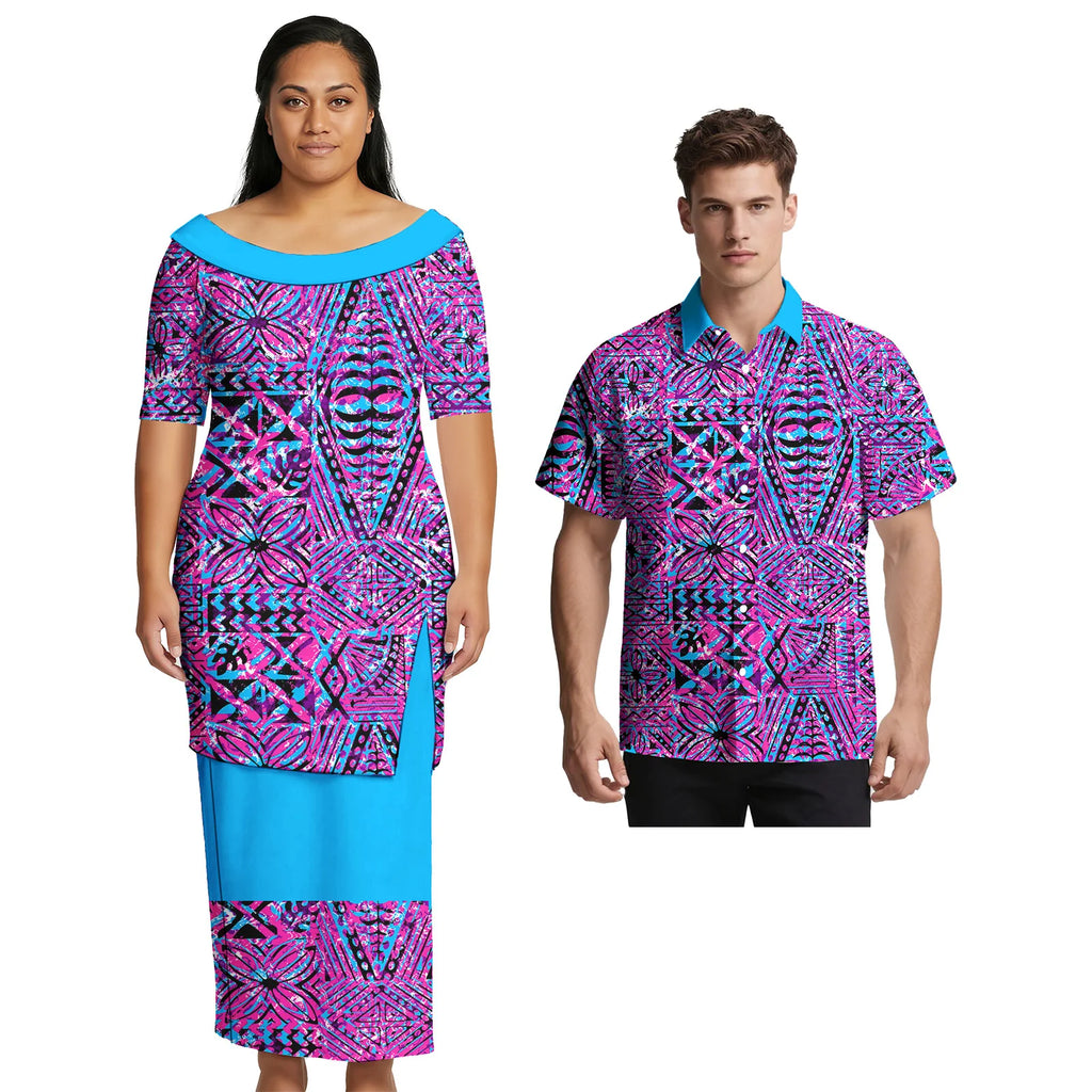 Asia & Pacific Islands Couple Clothing Custom Aloha Women Fashion Skirts Samoan Casual Men Shirts Tribal Matching Couple Outfits