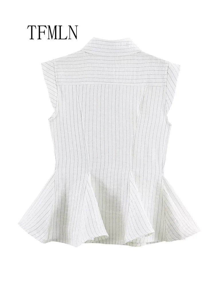 Fashion Striped Blouse Top For Women Summer Summer OL Lapel Sleeveless Single Breasted Shirt Summer Unique Elegant Causal Shirt