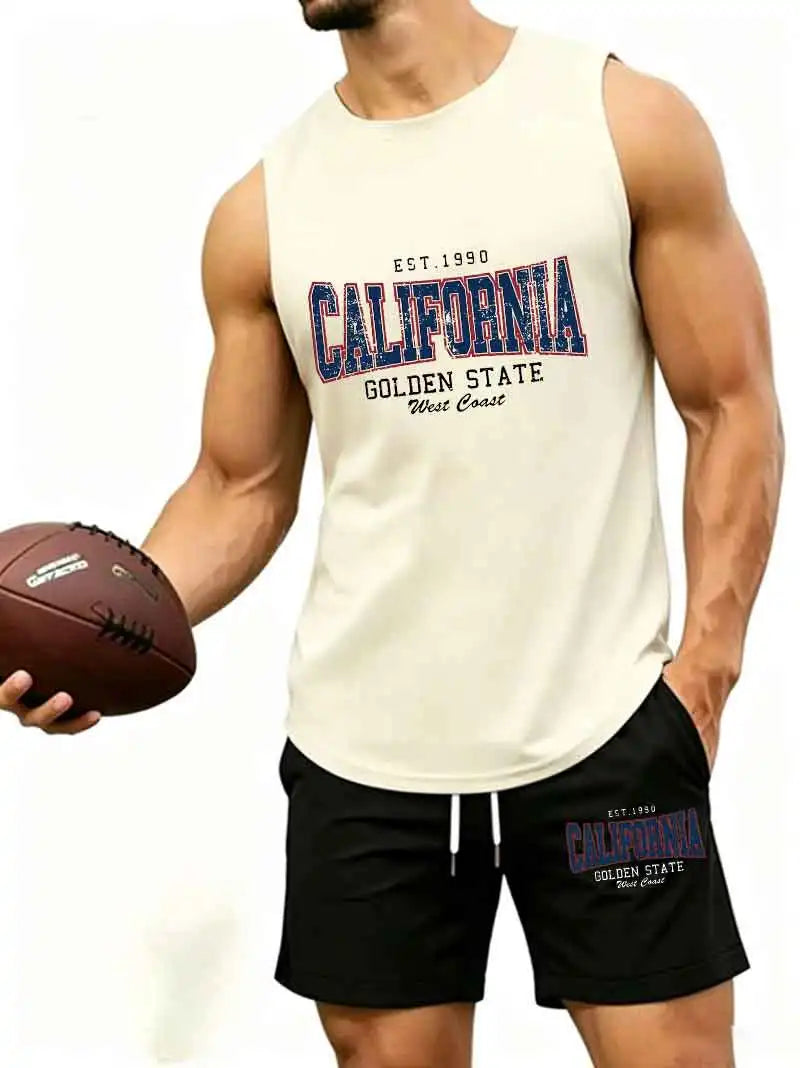 Men's "California Golden State EST.1990" Print 2-Piece Sleeveless Tank Top & Shorts Set, Casual West Coast Style Athletic Tracks