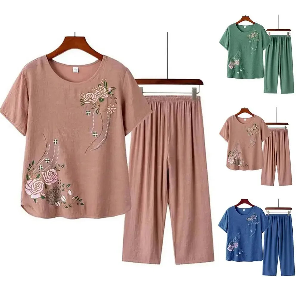 Middle-aged elderly women's short-sleeved t-shirt mother suit loose large size cotton linen two-piece suit 2025 new women set