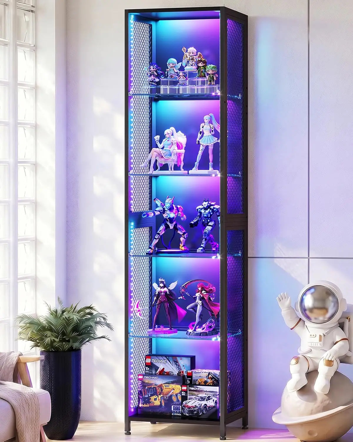 72" Tall Display Case with LED Lights, Corner Display Cabinet with Open Glass Shelves, 5-Tier Display Shelf with, Customized
