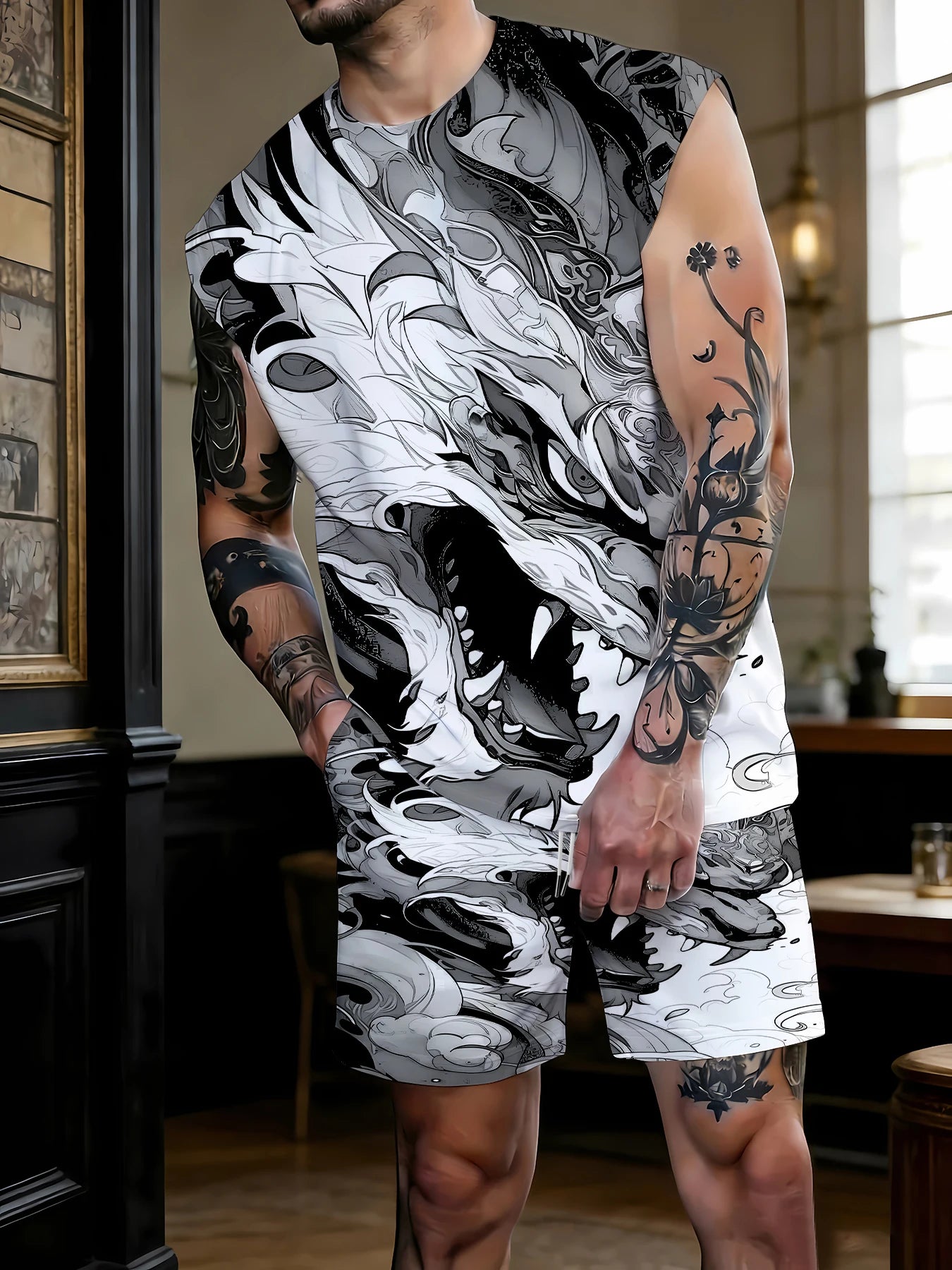 Men's Hawaiian Print Tank Top and Shorts Set Vibrant Polyester Summer Beach Suit Standard Size