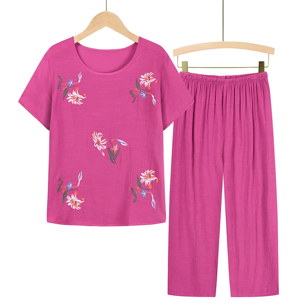 Middle-aged elderly women's short-sleeved t-shirt mother suit loose large size cotton linen two-piece suit 2025 new women set
