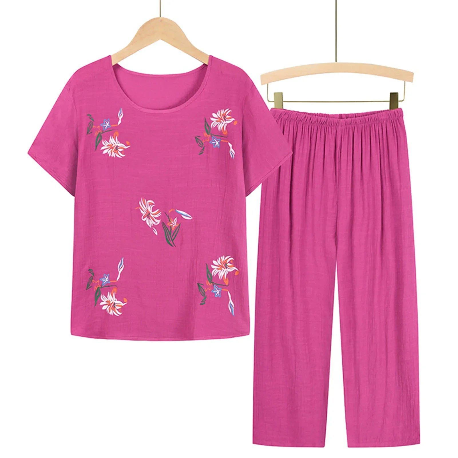 Middle-aged elderly women's short-sleeved t-shirt mother suit loose large size cotton linen two-piece suit 2025 new women set