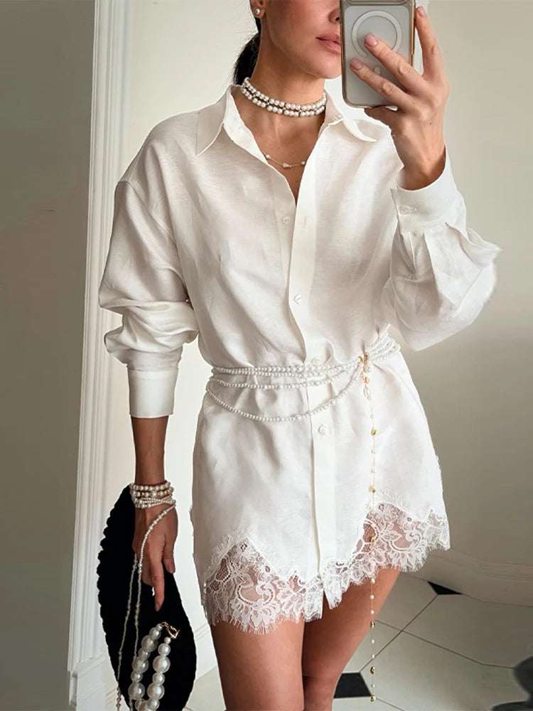 Chic Women Office Shirt Set Casual Lace Patchwork Single Breasted Long Sleeve Lapel Female Blouse Short Pant Summer Streetwear