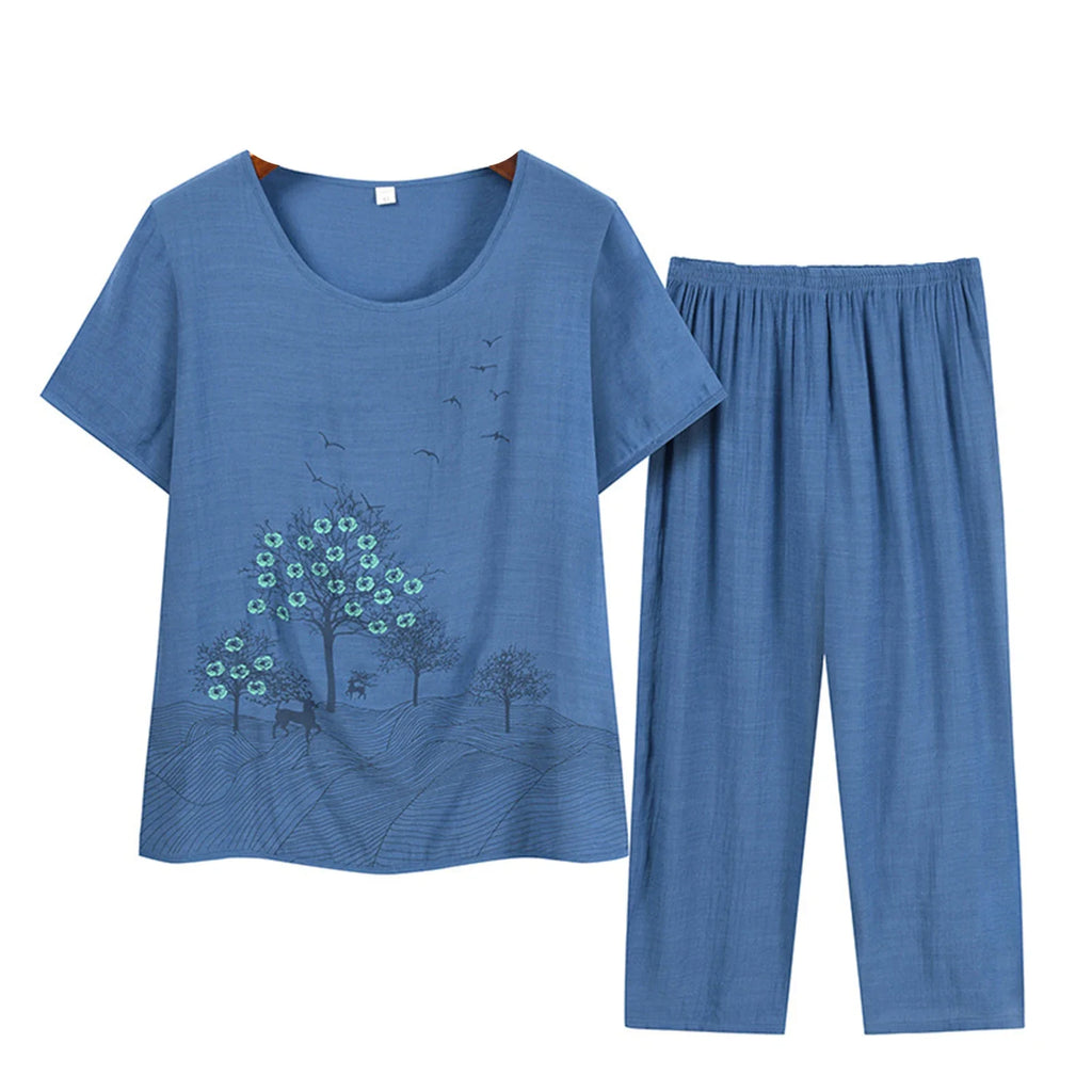Middle-aged elderly women's short-sleeved t-shirt mother suit loose large size cotton linen two-piece suit 2025 new women set