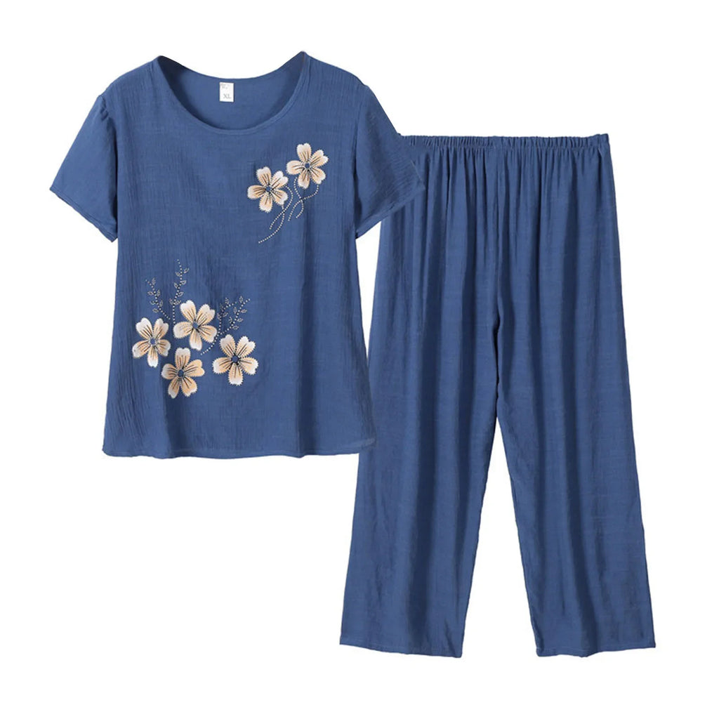 Middle-aged elderly women's short-sleeved t-shirt mother suit loose large size cotton linen two-piece suit 2025 new women set
