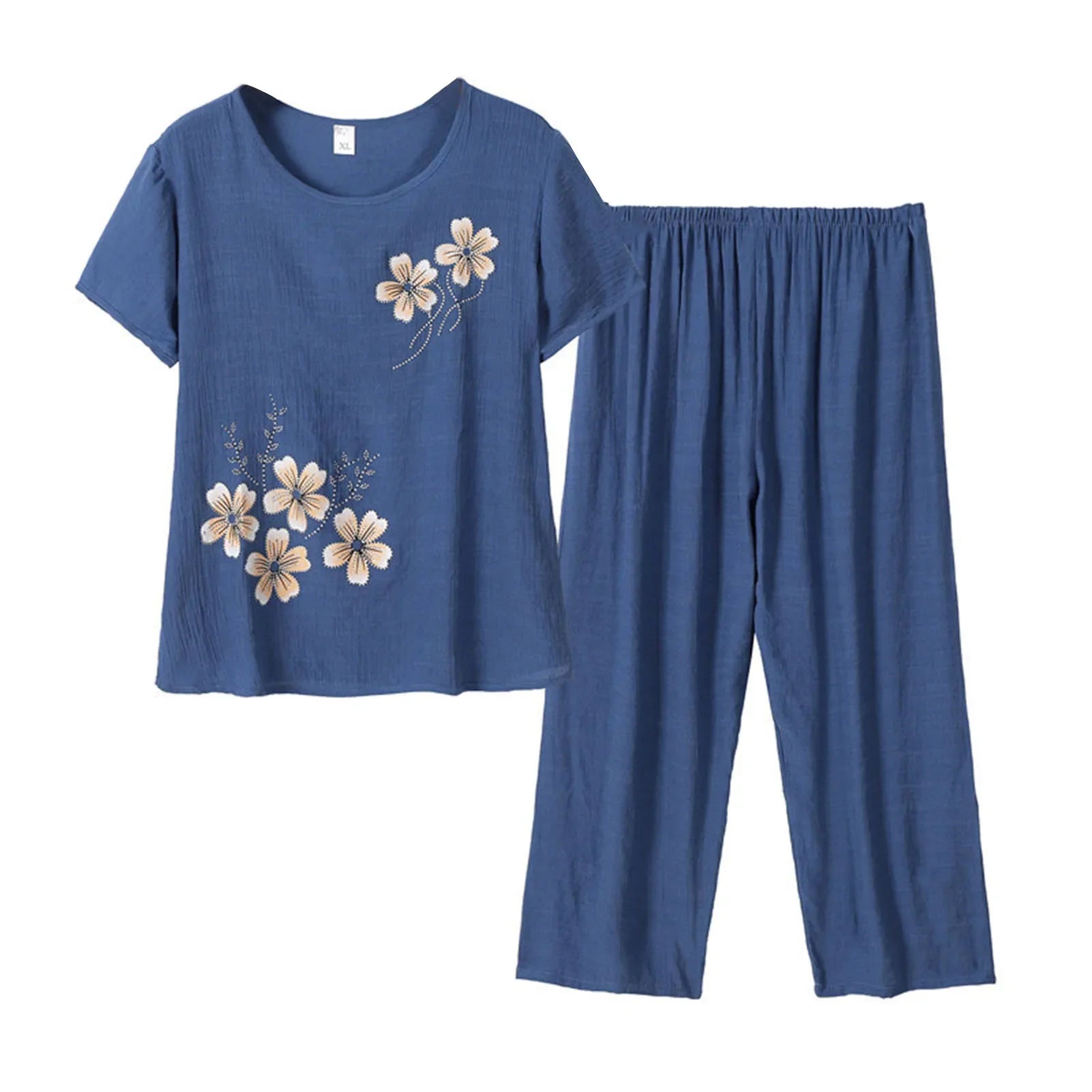 Middle-aged elderly women's short-sleeved t-shirt mother suit loose large size cotton linen two-piece suit 2025 new women set