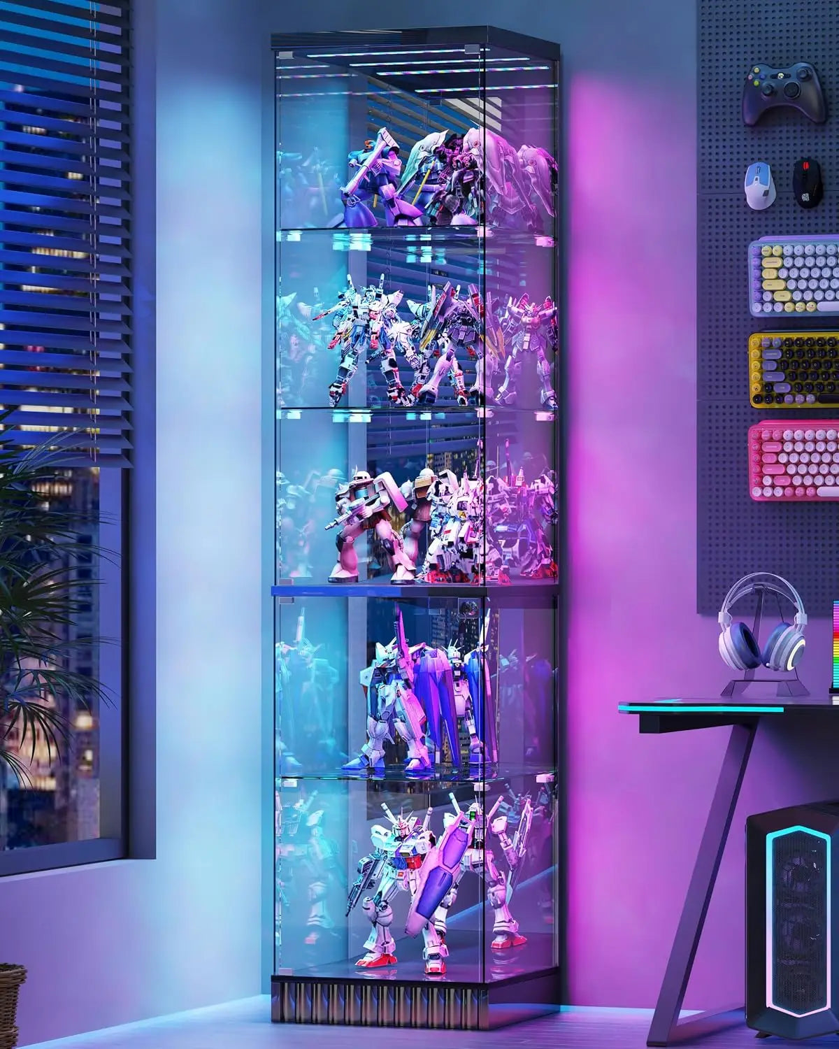 67''H Corner Curio Cabinet - with Glass Door, Lockable Glass Display Cabinet with RGB Motion Sensor Light, 5-Tier, Customized